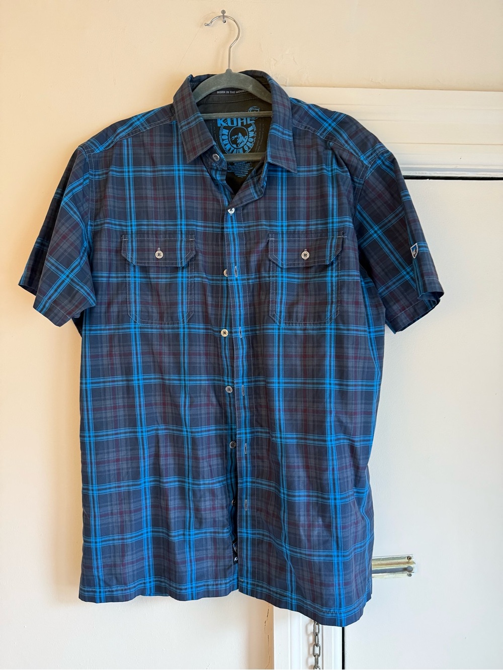Kuhl Men's Navy and Blue Plaid Short-Sleeve Button-Down Shirt